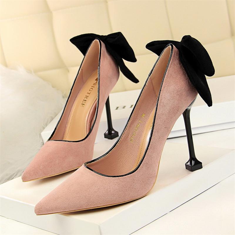 Mode Elegante Frauen Flacher Mund Dünne High Heels Pumps Süße Nette Hochzeit Spitz Zurück Bogen Prom Wildleder Einzelne Schuhe