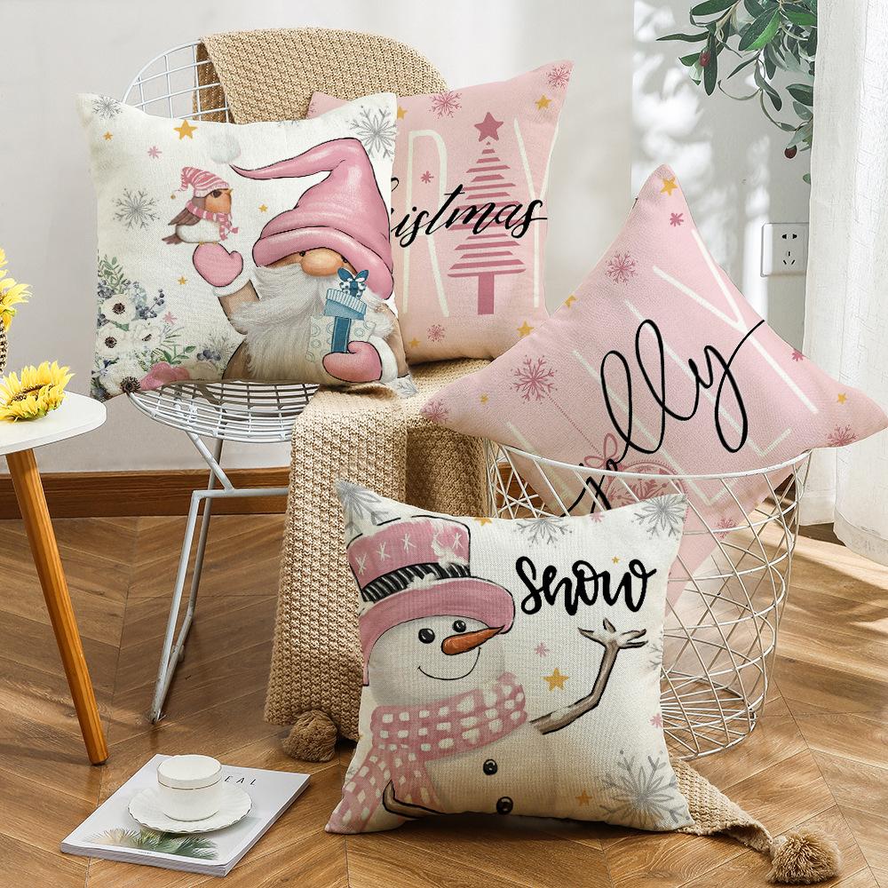 Pink Warm Snowflake Snowman Santa Claus Element Digital Printing Linen Material Home Sofa Pillow Cover