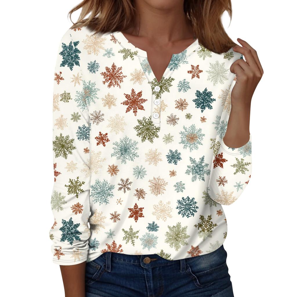 Women's Fashion Casual H Printed V-Neck Long Sleeve Decorative Button T-Shirt Tops