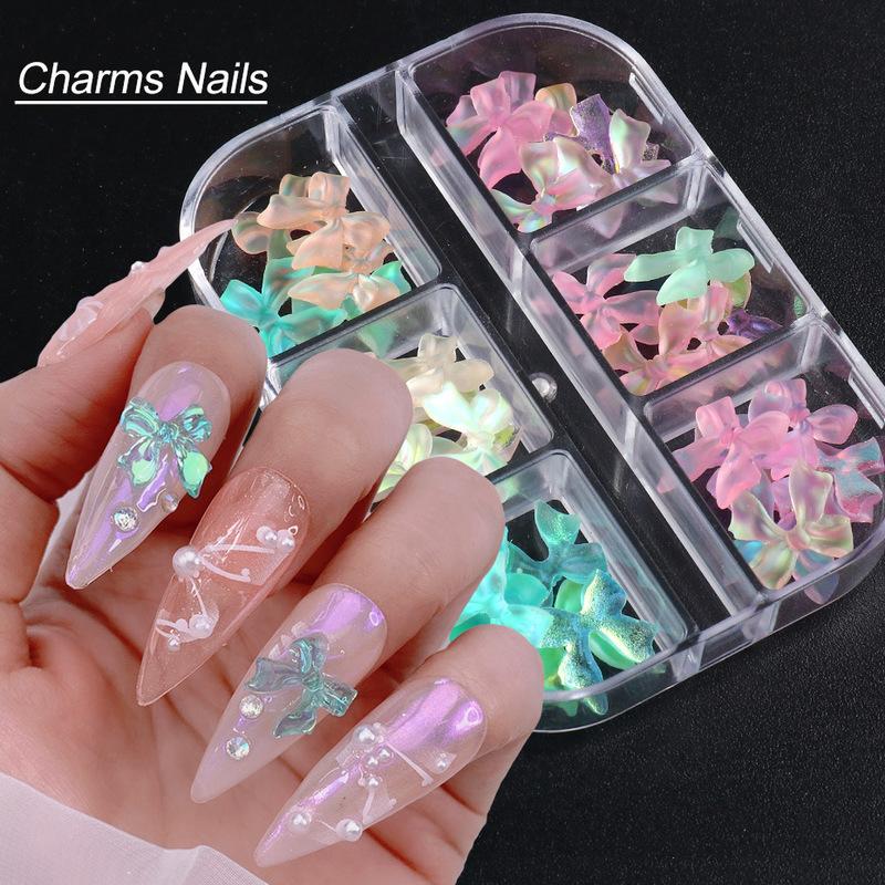 6 Grids 3D Cute Bow Nail Charms Holographic DIY Resin Aurora Decoration Valentine Nail Design Manicure Jewelry Accessories
