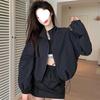 Women's Petite Stand Collar Windbreaker: Designer Drawstring, Spring Casual, Loose-Fit Zipper Jacket