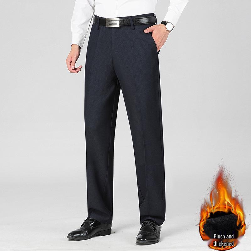 Men's Winter Fleece-Lined High-Waisted Straight-Leg Dress Pants - Loose Fit, Plus Size, Warm