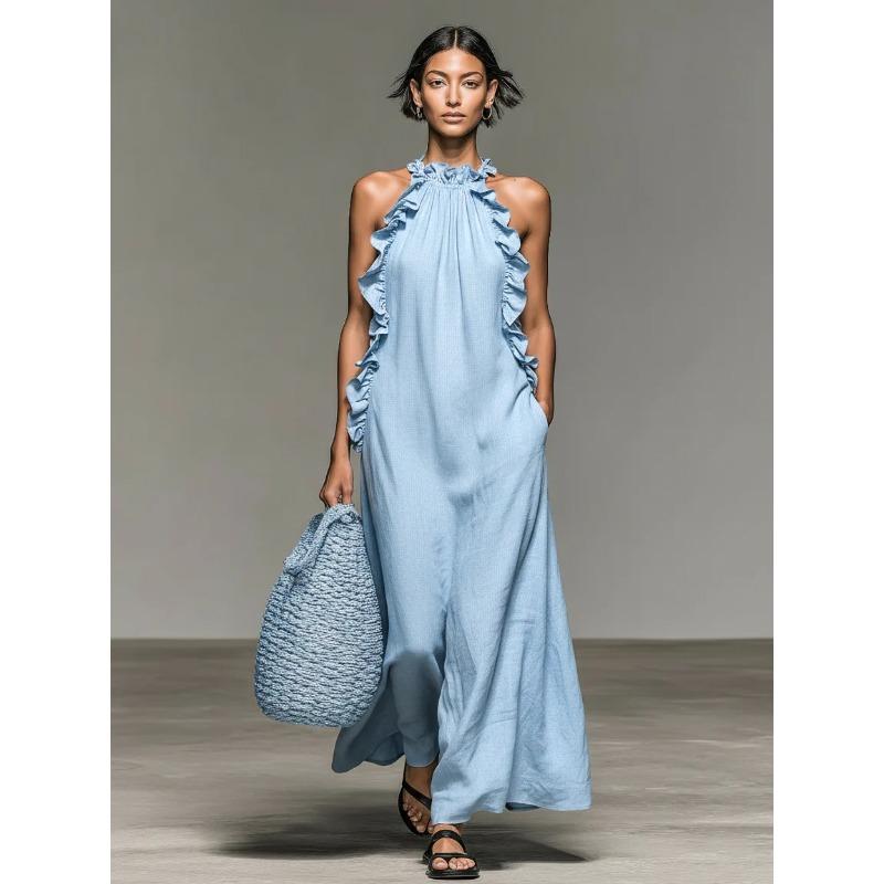 Holiday Ruffle Edge Neck Sleeveless Dress Women's Summer Loose and Thin Long Dress Women's Clothing