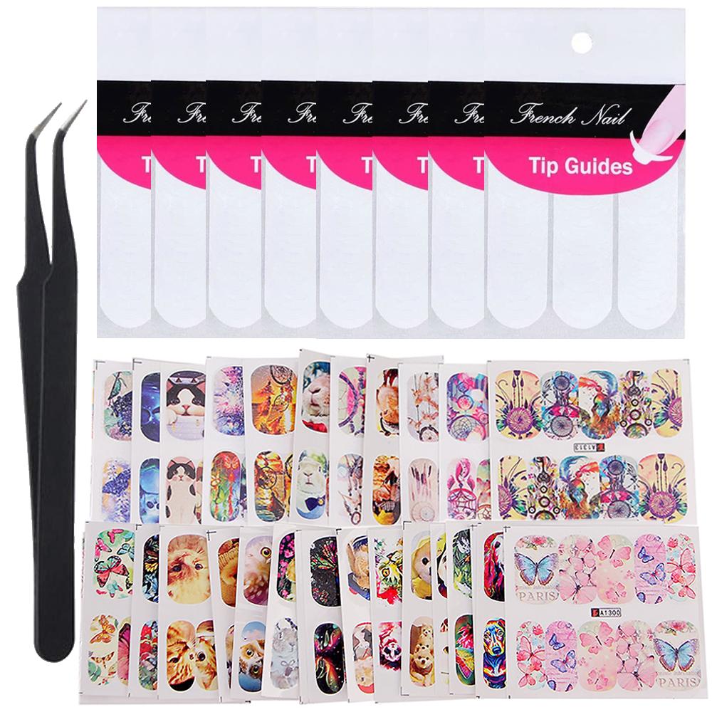 

Nail Art Set Animal Pattern Водный перенос ногтей Наклейки для ногтей Французские советы для ногтей Руководство Пинцет для ногтей для маникюра