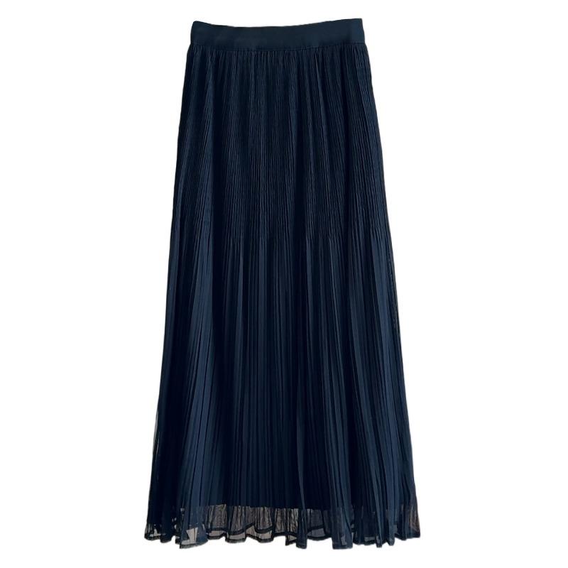 Mesh stitching high waist pleated skirt women's autumn new elastic and thin casual drape a word pleated gauze skirt