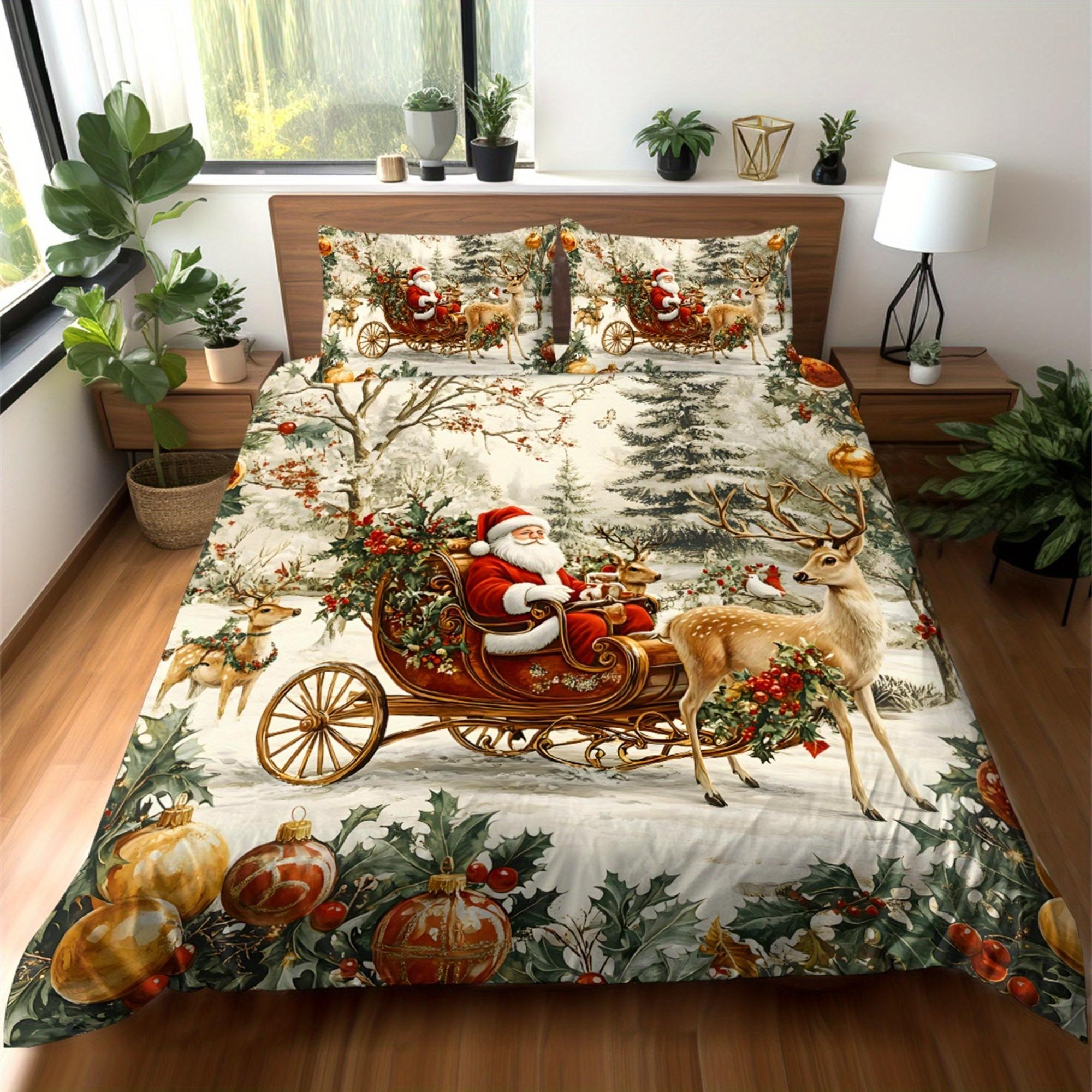 

3Pcs Santa Claus Print Coreless Bedding Set Multiple Sizes Bedrooms Dormitories All Season Soft Comfortable, Machine Washable 135x200cm-EU-Single&set
