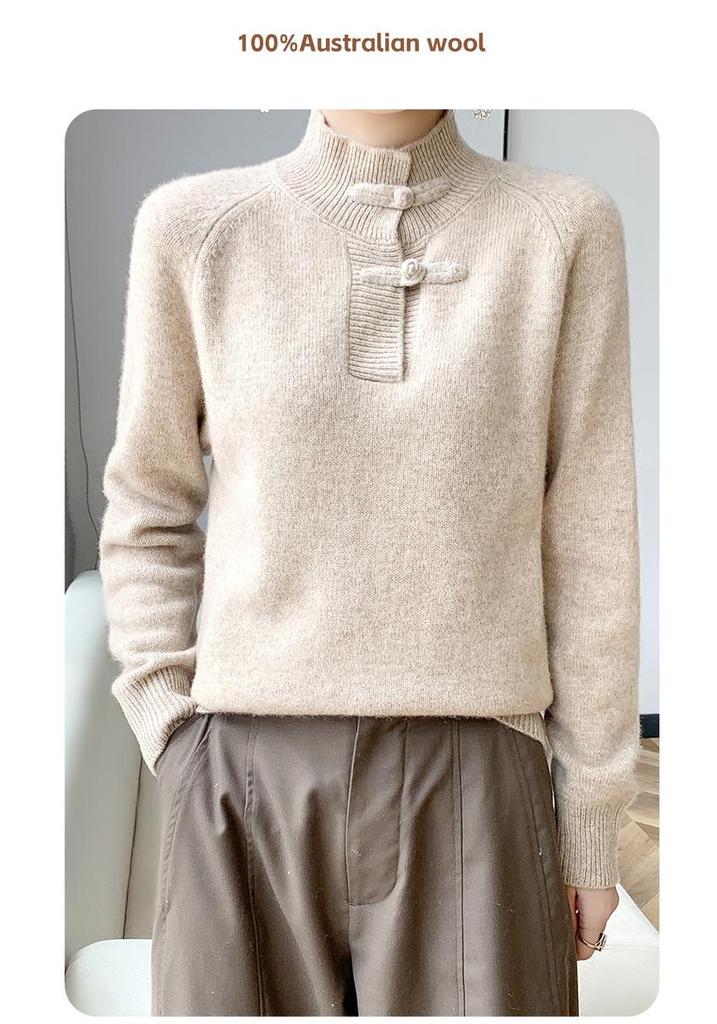 Women's Slimming Wool Sweater - Chinese Style Button-Up, Half-High Collar, Long Sleeve Pullover for Autumn/Winter