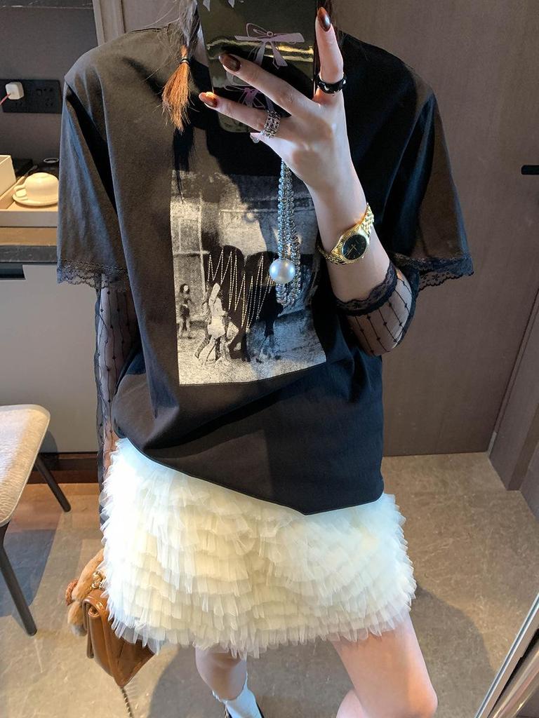 Mochie Spring Lace Patchwork Two-Piece Look Round Neck Printed Loose Slimming Long Sleeve T-Shirt