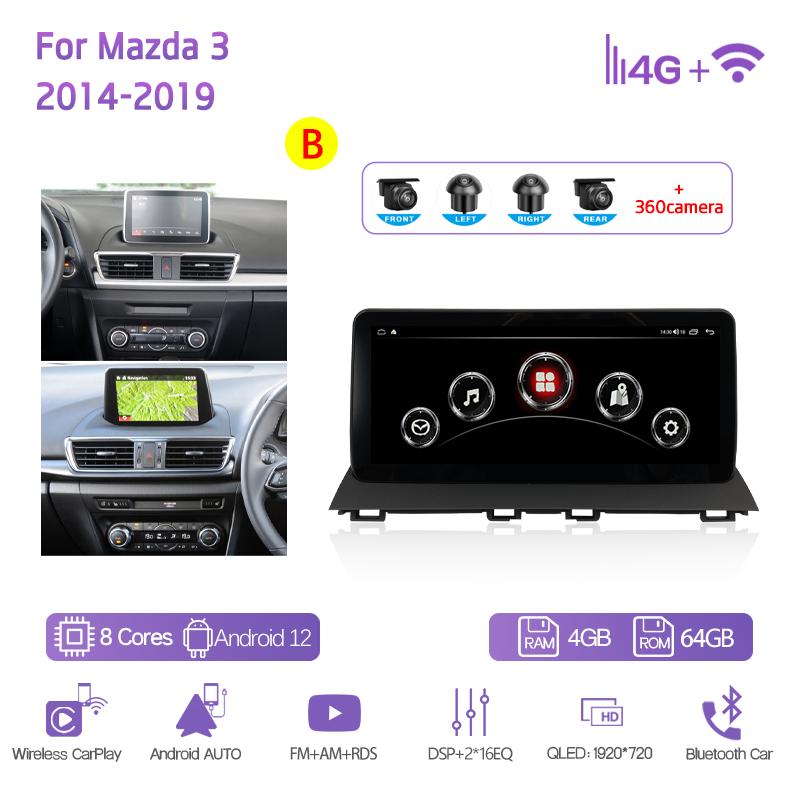 10.25Inch For Mazda 3 2014-2019 GPS Navigation Radio Android12 8+128G 8Core CarPlay 4G 360 Camera  Car Multimedia Video Player
