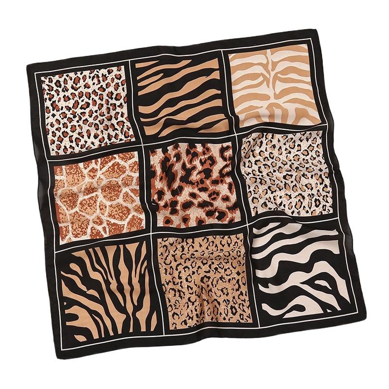 

68cm Nine-grid Leopard Print Scarf for Women Spring and Summer Thin Imitation Silk Scarf Retro Versatile Headscarf Shawl чёрный