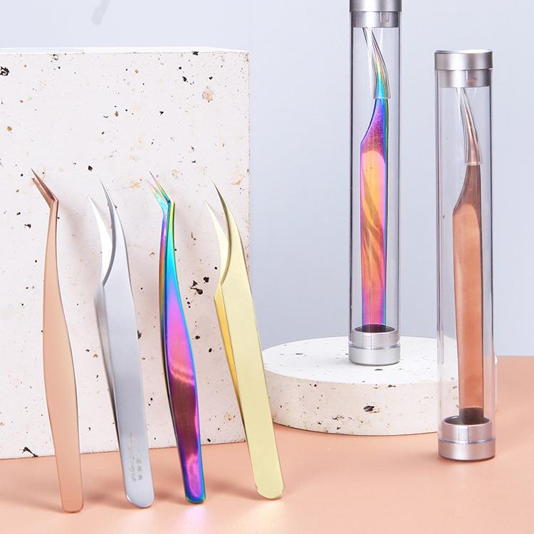 Electroplated Iridescent Stainless Steel Rose Gold Feather Eyelash Tweezers.