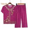 2 Pcs/Set Mid-aged Women Pajamas Set O Neck Embroidery Short Sleeve Plus Size Elastic Waist Pleated Loose Wide Leg Mother Grandmother Sleepwear