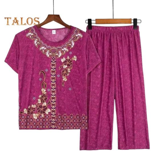 2 Pcs/Set Mid-aged Women Pajamas Set O Neck Embroidery Short Sleeve Plus Size Elastic Waist Pleated Loose Wide Leg Mother Grandmother Sleepwear
