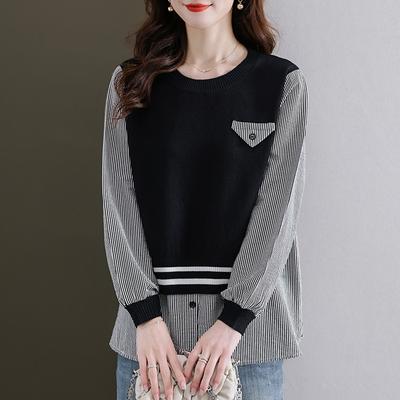 Spring New Style of Slightly Fat Mm Design and Fake Two-piece Striped Sweater To Make You Look Slim Round Neck Long-sleeved Top