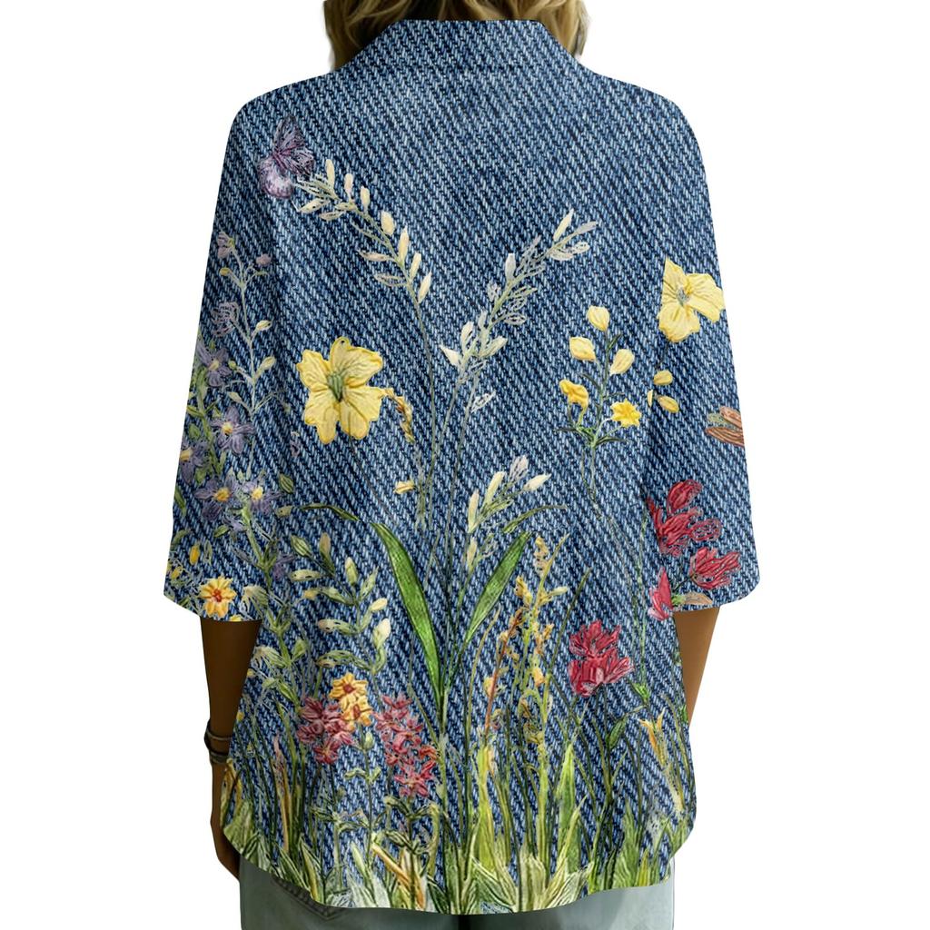Women Button Front Vintage Floral Print Shirt Three Quarter Sleeve Loose Fit Blouse Casual Lightweight Top for Everyday Wear
