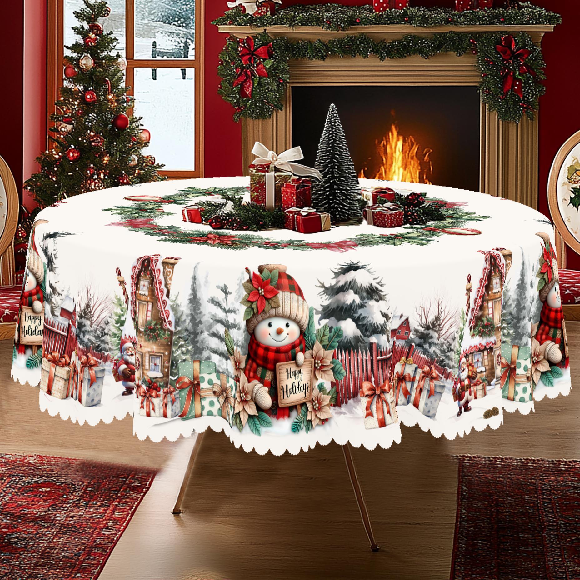 Kerst Vintage Boerderij Tafelkleed met Kerstman, rendieren & Kerstboom prints. Rechthoekige & ronde maten voor Kerst/Nieuwjaarsfeesten, keuken, binnen & 152X305Cm