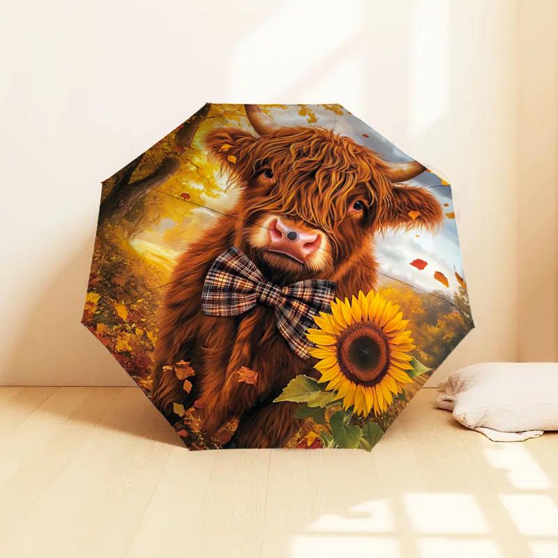 Autumn Bow Tie Highland Cow Sunflower Print Umbrella - Portable Folding Design, Iron Frame, Outdoor Rain Gear, Festival Gift for Fans, Trave