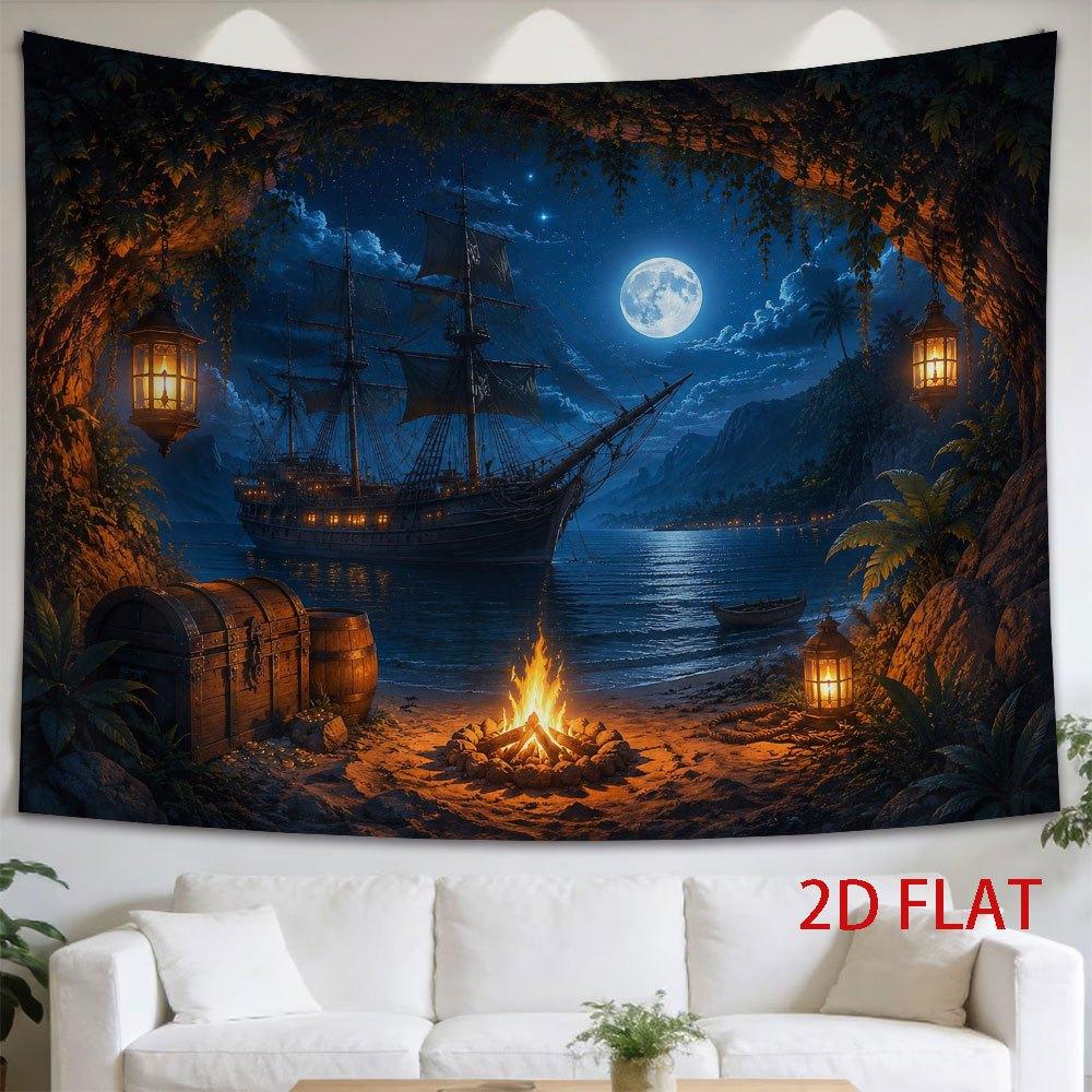 2D Flat - 2D Flat - 1pc 2D Flat Tapestry Under The Full Moon, an Ancient Ship Rests in a Secluded Bay, Framed by a Cave with a Campfire And Lanterns,