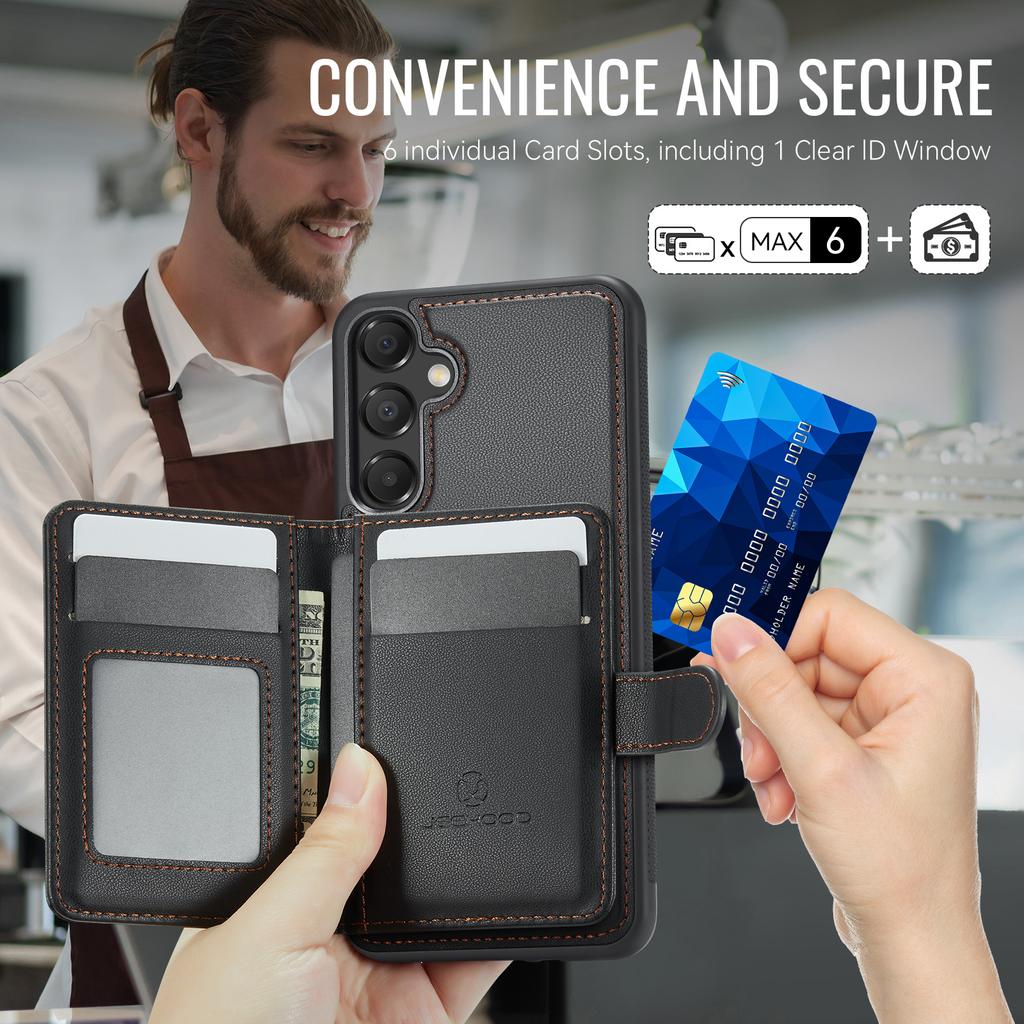 For Samsung Galaxy A55 5G Case JEEHOOD J09 RFID Blocking Card Holder Leather Back Phone Cover Magnetic Case