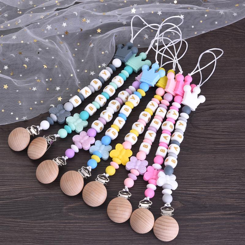 Round Wood Baby Dummy Holder Clip Crown Butterfly Silicone Beaded Teether Custom English Letter Name Pacifier Chain Nursing Toy