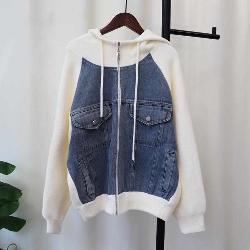 Autumn and winter new hooded splicing denim sweater jacket zipper knitted double-sided cardigan women
