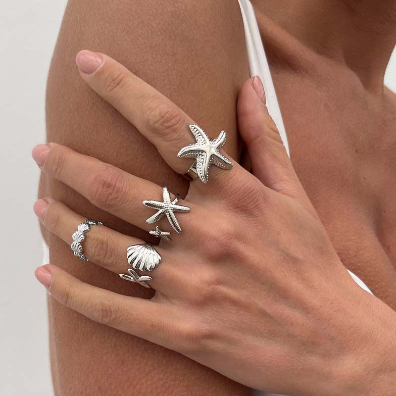 4Pcs/Set Boho Metal Starfish Open Rings For Women Men Exaggerated Gold Color Geometric Adjustable Ring Beach Jewelry Accessory