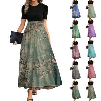 Damen Modisches Lässiges Gürtel Kurzärmeliges Rundhals Print Elegantes Temperament Kleid