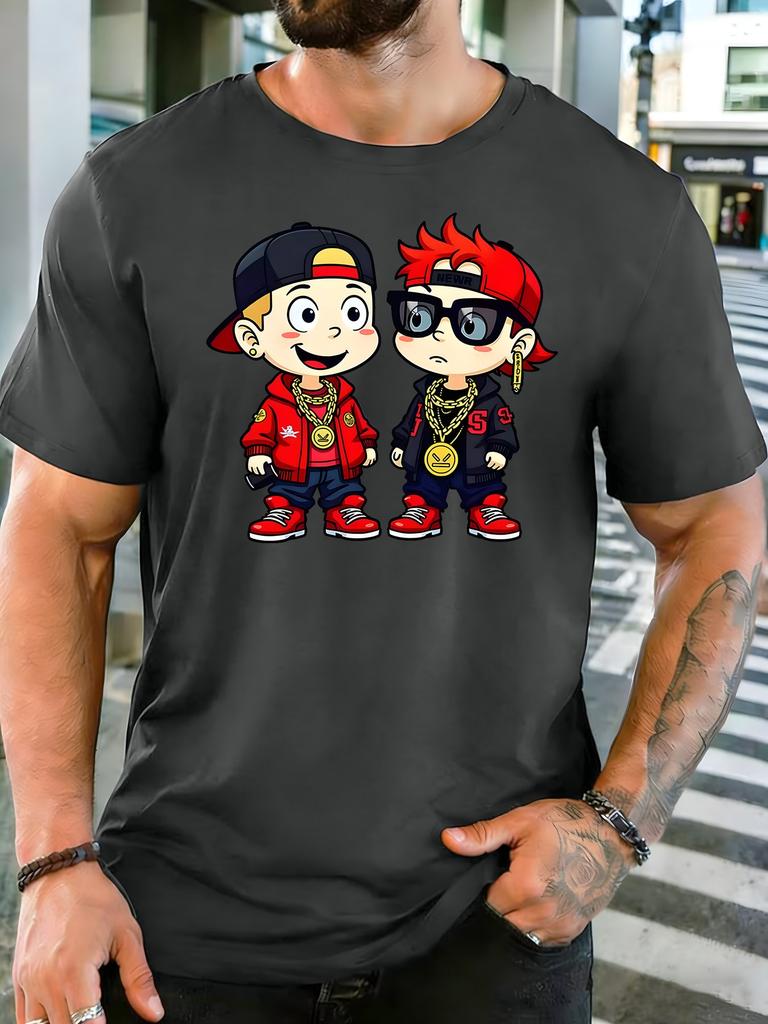 Unisex Soft Cotton Crew Neck Tee Two Hip Hop Cartoon Boys With Gold Chain Print Loose Streetwear Daily Travel Party Outdoor Tops
