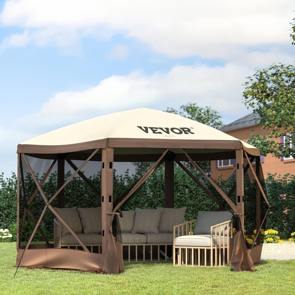 Pop-up Camping Gazebo Camping Canopy Shelter 6 Sided 12' x 12' Sun Shade