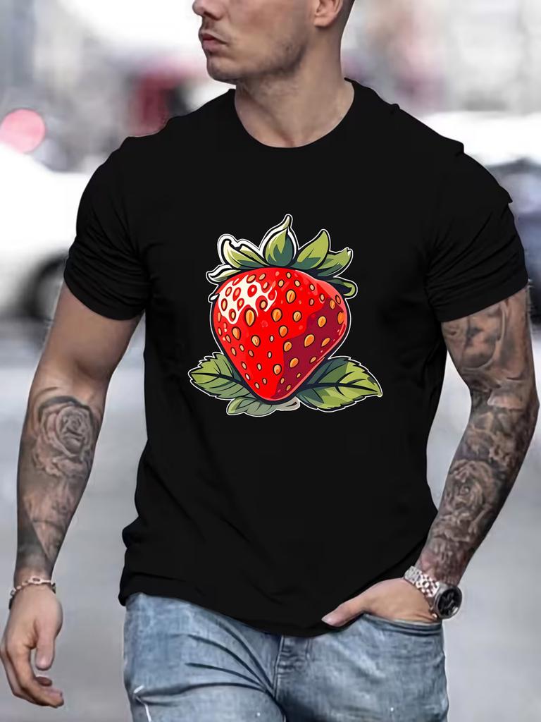 Unisex Bawełniany T-shirt z Kreskówkową Truskawką i Owocami, Okrągły Dekolt, Świeży Nadruk Jagód, Męski Letni, Krótki Rękaw, Codzienny, Casualowy, Streetwear, Koszulki