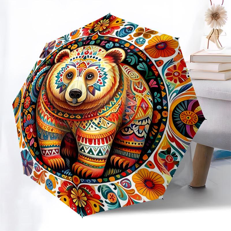 

1pc Colorful Floral Bear Design Automatic Folding Umbrella - Portable 3-Fold Design, 8-Rib Iron Frame Outdoor Umbrella, Perfect Gift for Fans, Travele