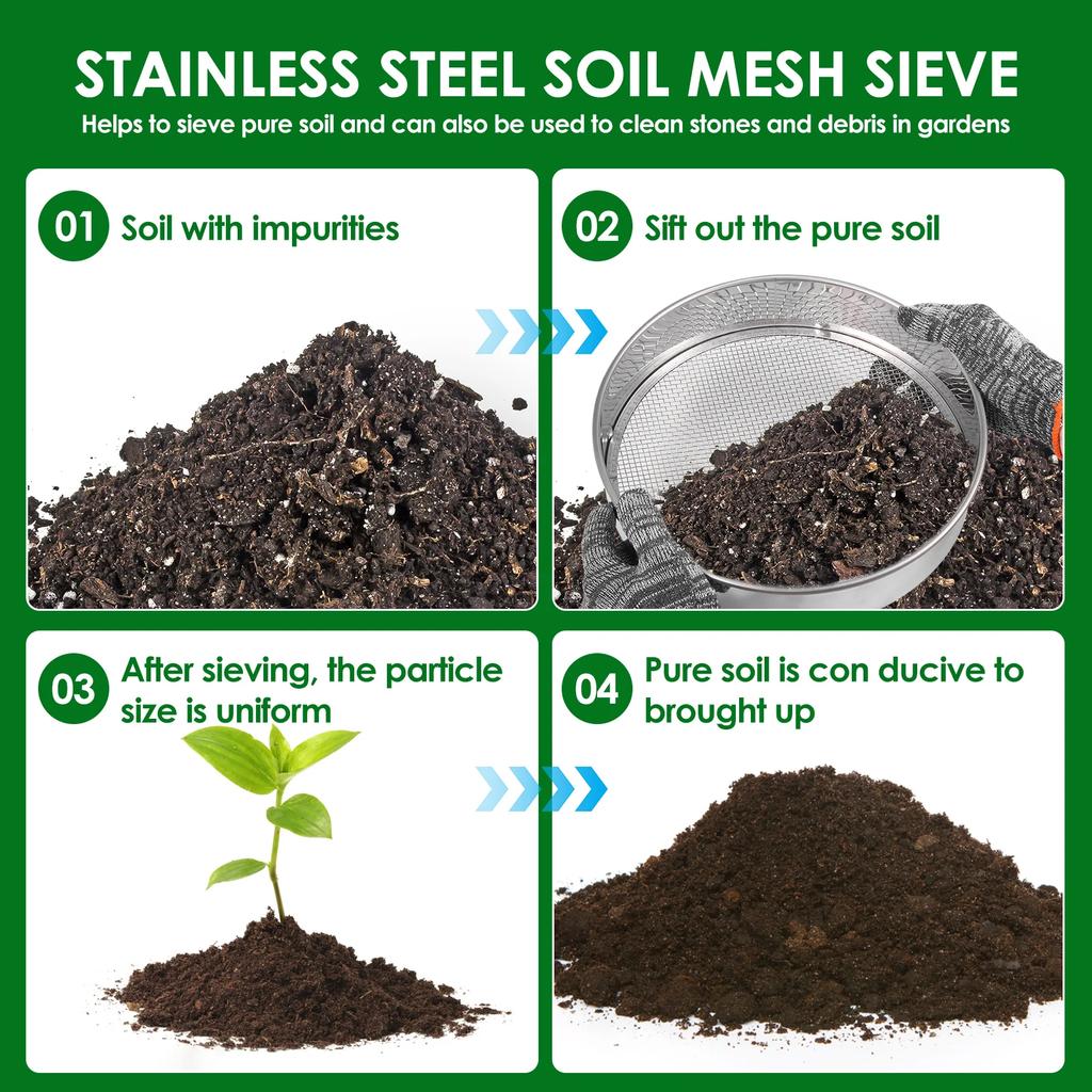 4/6Pcs Soil Sieve Set Stainless Steel Garden Soil Sieve with 3/6/9mm Filter Mesh Rust Resistant Compost Sifter Garden Accessory