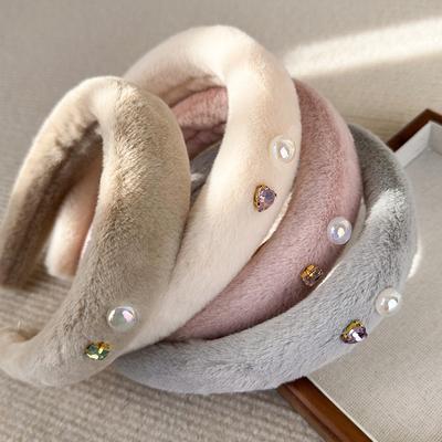 Neue Retro Perle Strass Plüsch Textur Schwamm Verdickte Stirnbänder Einfache Unifarbene Haarbänder Frau Mode Elegant Haarreif