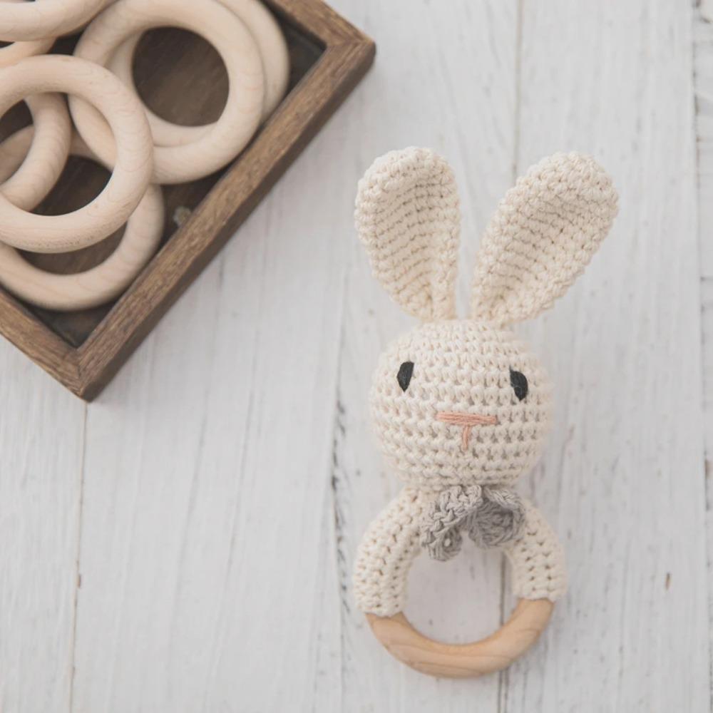 Crochet Baby Crochet Rattle Wood Ring Knitting Gym Toy Cartoon Bunny Rattles Toys  0-12 Months