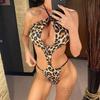 Imprimat leopard Decupat Halter Costum de baie pentru femei Costum de baie dintr-o bucată Monokini pentru femeie cu picior înalt Costum de baie pentru baie