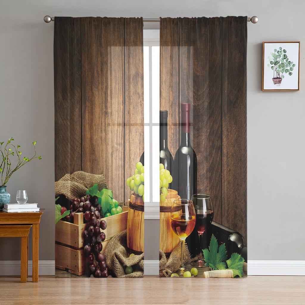 Wine Glass Wine Fruit Grapes Sheer Curtains for Living Room Decoration Window Curtains for Kitchen Tulle Voile Organza Curtains