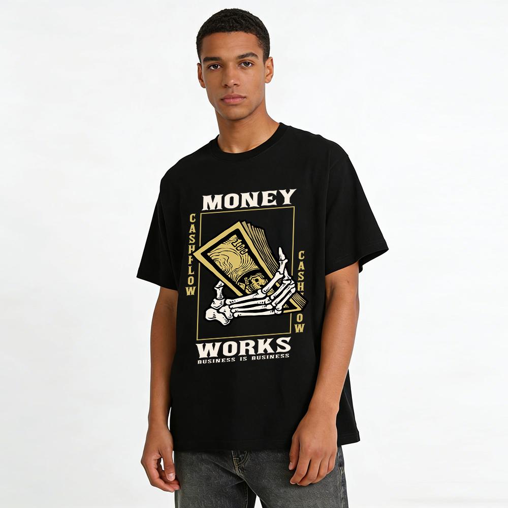 Skeleton Hand Holding Dollar Trendy Print Hip Hop Casual Tee Pure Cotton T-shirt