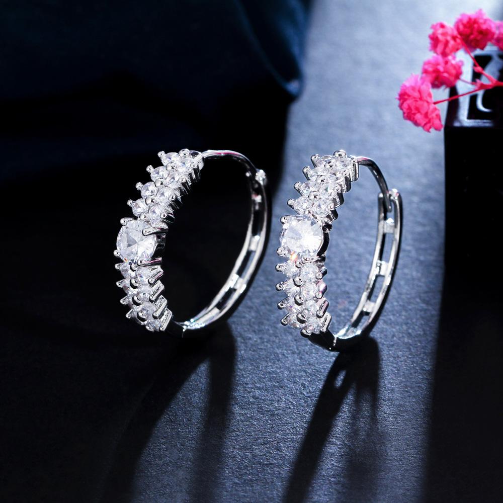 Fashion Brass Cubic Zircon Stone Small Round Circular White Gold Plated Hoop Earrings for Women Wedding Party Shiny Jewelry