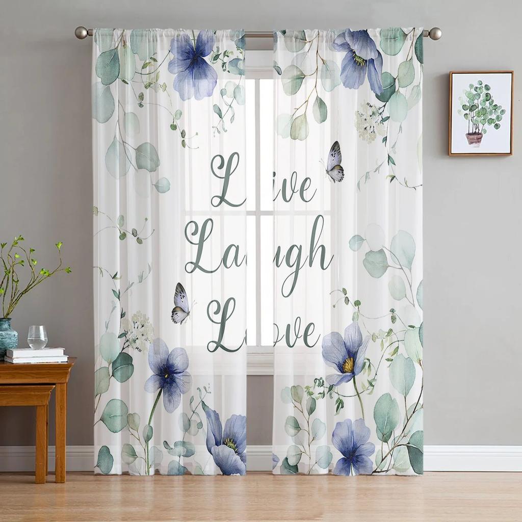 Ins Style Eucalyptus Tulip Flowers Leaves Sheer Curtains For Living Room Bedroom Tulle Curtain For Kitchen Voile Blind Curtain