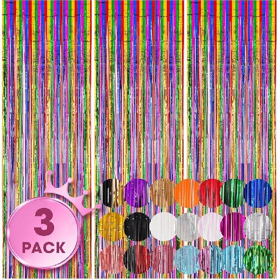 3 Pack 3.3x8.2 Feet Gold Foil Fringe Backdrop Curtains, Tinsel Streamers, Fringe Backdrop for 2025 New Years Eve, Graduation, Birthday, Baby Shower,