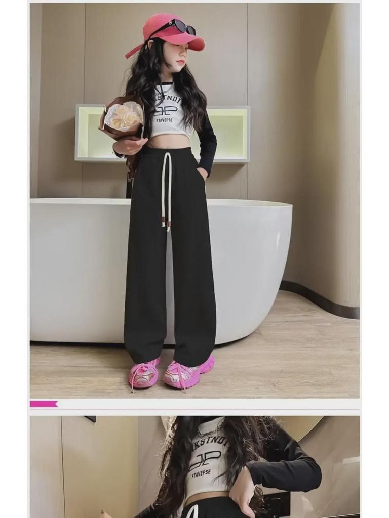 2024 Pink Girls' Wide-Leg Sweatpants: Autumn/Winter Casual Sport Style for Medium to Large Children