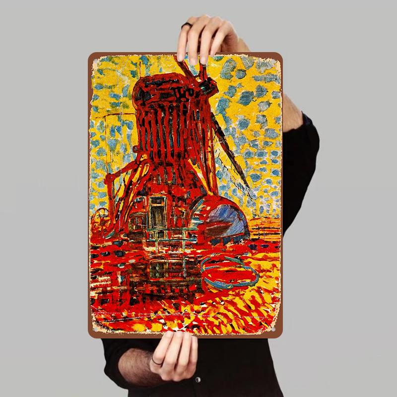 

Van Gogh Style Windmill Art Iron Painting Vintage Home Wall Decor Living Room Creative Hanging Painting 7.9x11.8In(20x30cm)