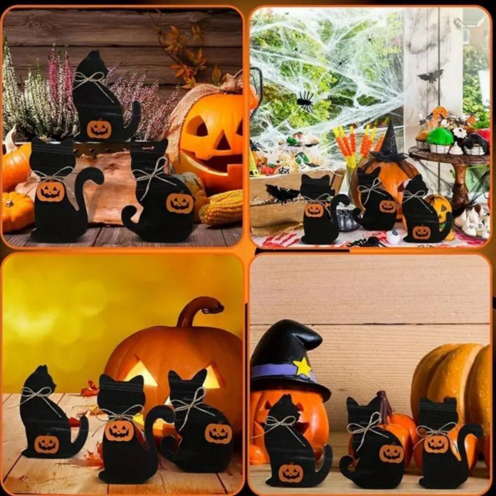 3pcs Vivid Halloween Black Cat Ornament Wooden Animal Statue Funny Cat Sculpture  Cabinet