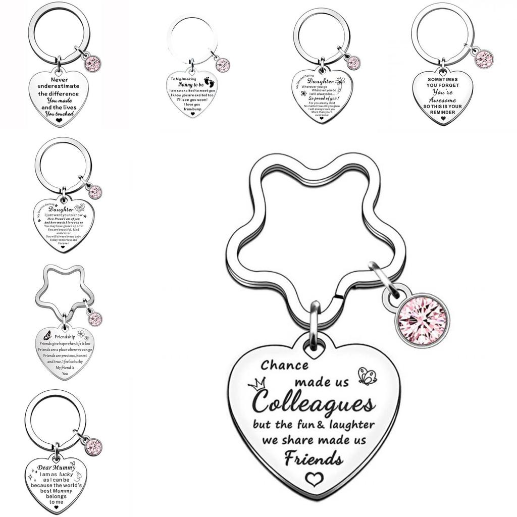 Entzückender Edelstahl-Herz-Schlüsselanhänger mit rosa-blauem Edelstein als Geburtstagsgeschenk