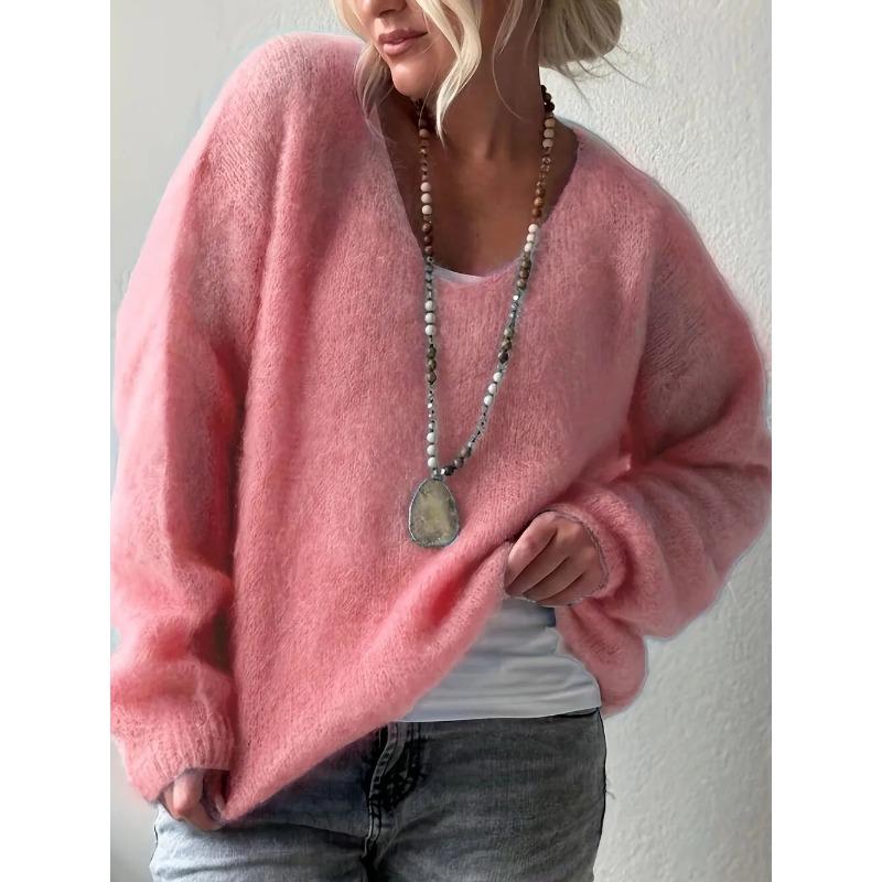 V-neck Long Sleeved Pullover Casual Sweater Women Autumn Winter Knitted Jumper Fashion Solid Color Loose Thin Clothes