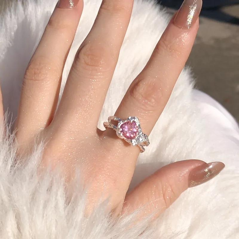 Fashion Sweet Cool Pink Heart Opening Ring Women Girls Y2K Adjustable Female Temperament Personality Finger Ring Jewelry Gifts