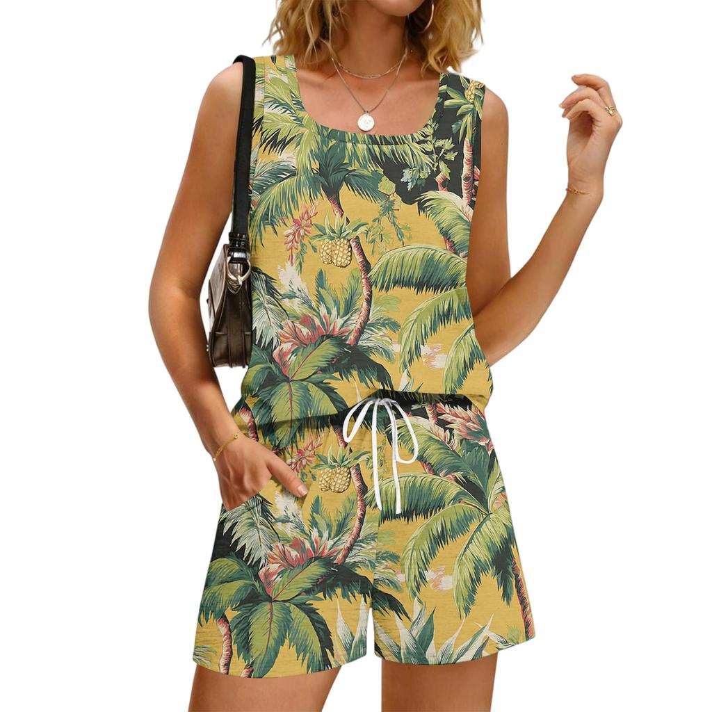 Women's Summer Casual Floral Print Tank Top Square Neck Sleeveless Athletic Shirt with Pockets and Matching Shorts Set