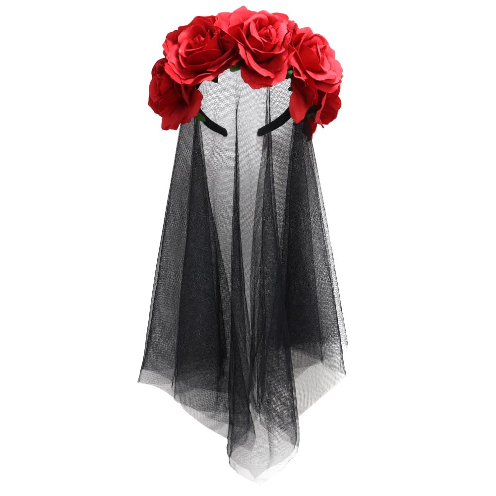 NODG Day of the Dead Headband, Retro mesh carnival head button, Halloween day rose flower party hair accessories headband black female