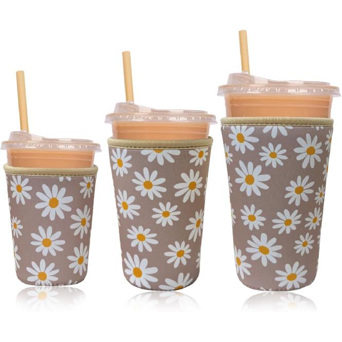 Reble Ulated Neoprene Iced Coffee Cup Sleeve, Durable Drink Sleeve for Cold Beverages, Beverage Holder for Iced Coffee, Floral Checkers