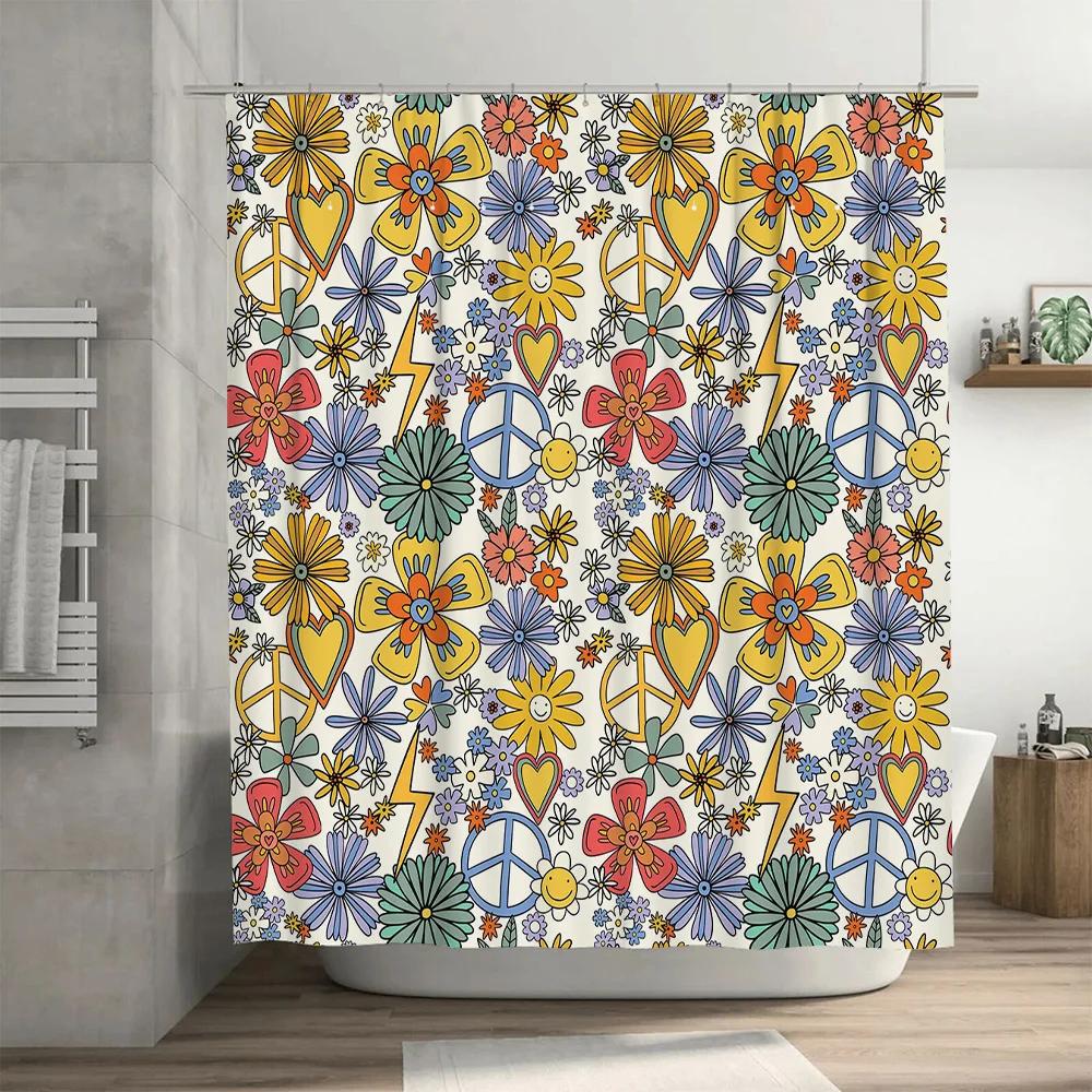 Psychedelic Shower Curtain Bohemian Floral Peace Sign Design Durable Polyester Fabric for Bathroom Decorations (Multicolor)